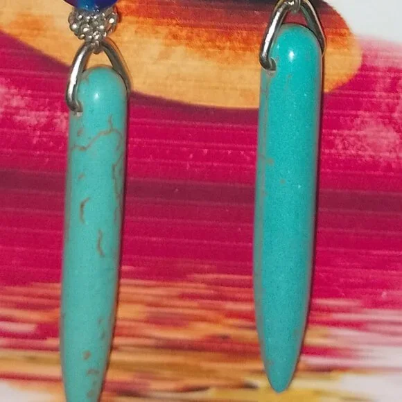 EVIL EYE WARD EARRINGS, BLUE MAGNESITE SPEARS, SILVERY ACCENTS - Picture 5 of 6